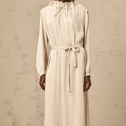 Mirella Neutrals Midi Dress with Mock Neck and Ruffled Detailing