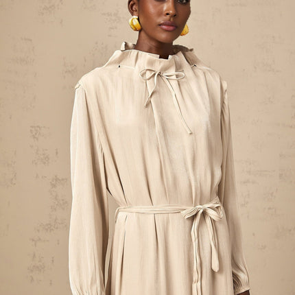 Mirella Neutrals Midi Dress mock neck ruffled tulle self-tie ankle-length silhouette special occasions evening events statement piece luxurious blend Polyester Rayon modern femininity impeccable style