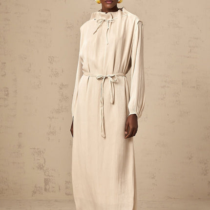 Mirella Neutrals Midi Dress with Mock Neck and Ruffled Detailing