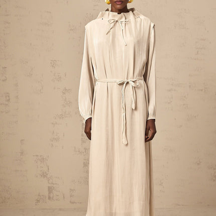Mirella Neutrals Midi Dress with Ruffled Detailing and Tulle Design