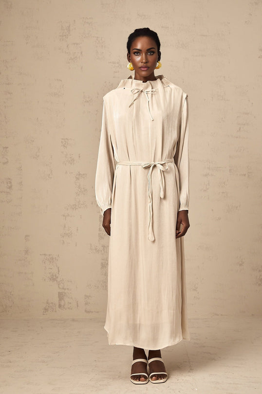 Mirella Neutrals Midi Dress with Ruffled Detailing and Tulle Design
