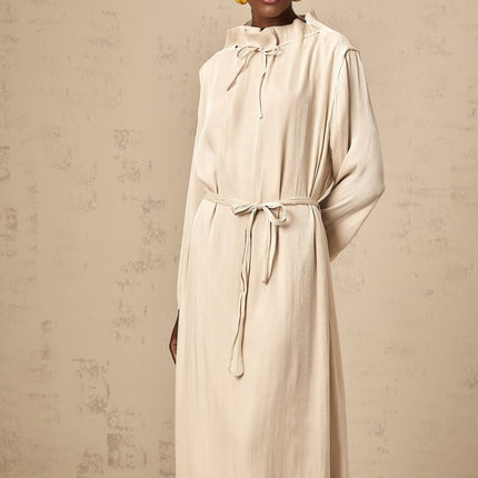 Mirella Neutrals Midi Dress mock neck ruffled tulle self-tie ankle-length silhouette special occasions evening events statement piece Polyester Rayon modern femininity style