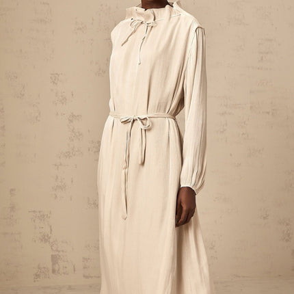 Mirella Neutrals Midi Dress with Mock Neck and Ruffled Detailing