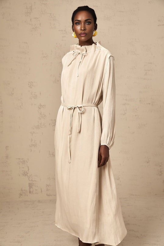 Mirella Neutrals Midi Dress with Mock Neck and Ruffled Detailing