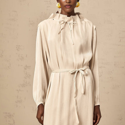 Mirella Neutrals Ruffled Midi Dress Polyester Rayon Blend