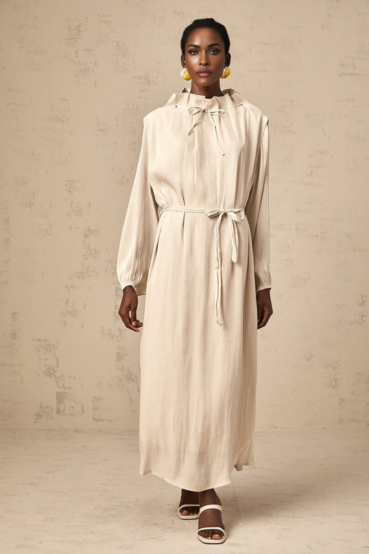 Mirella Neutrals Ruffled Midi Dress Polyester Rayon Blend