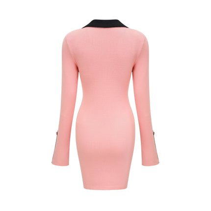 Mirella Pink and Black Long Sleeved Dress in Rib-Knitted Blend