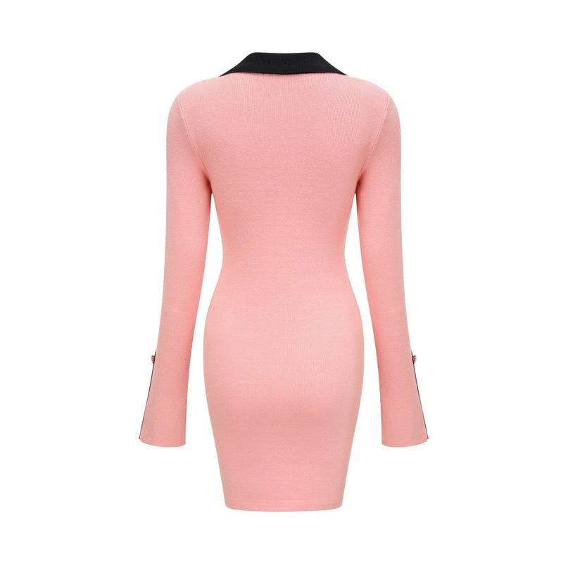 Mirella Pink and Black Long Sleeved Dress in Rib-Knitted Blend