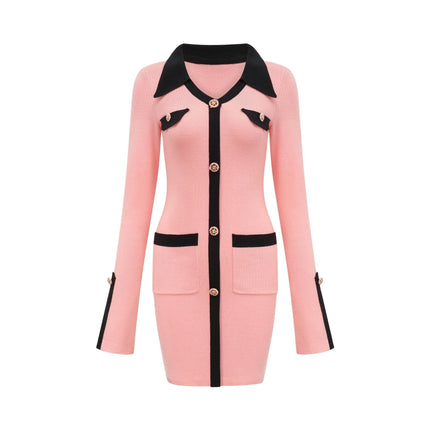 Mirella Pink and Black Long Sleeved Dress Polyester Cotton Blend V-Neck Thigh-Length Modern Flair Fashion Forward Glamour