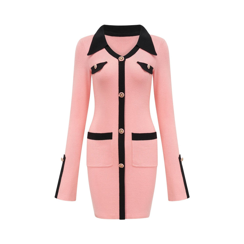 Mirella Pink and Black Long Sleeved Dress Polyester Cotton Blend V-Neck Thigh-Length Modern Flair Fashion Forward Glamour