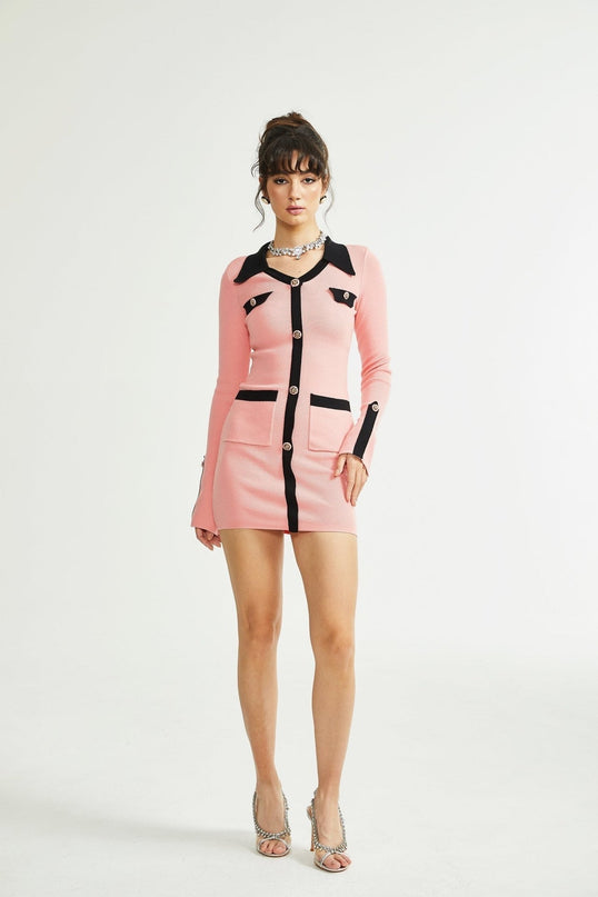 Mirella Pink and Black Long Sleeved Dress in Rib Knit Fabric