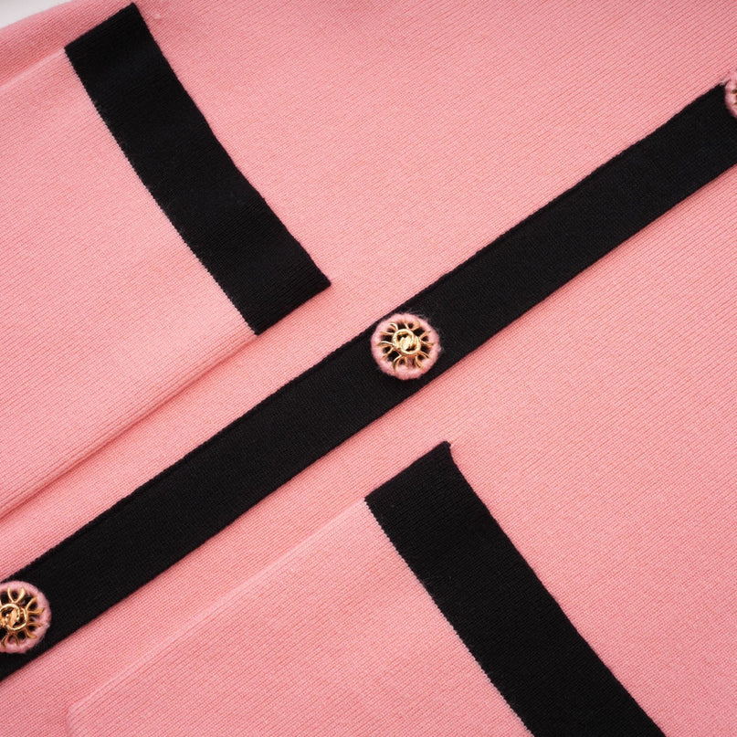 Mirella Pink and Black Long Sleeved Dress 80% Polyester 20% Cotton Lapel V-neck Fitted Silhouette Thigh-length Front Button Fastening Patch Pockets