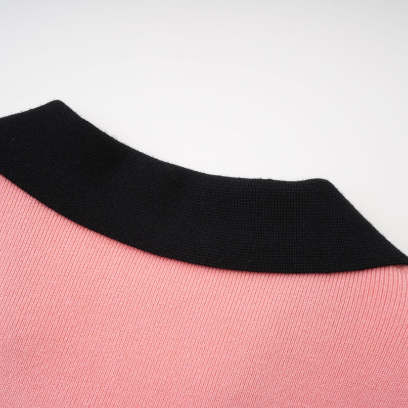Mirella Pink Black Long Sleeved Dress Polyester Cotton Lapel V Neck Thigh Length Button Fastening Patch Pockets