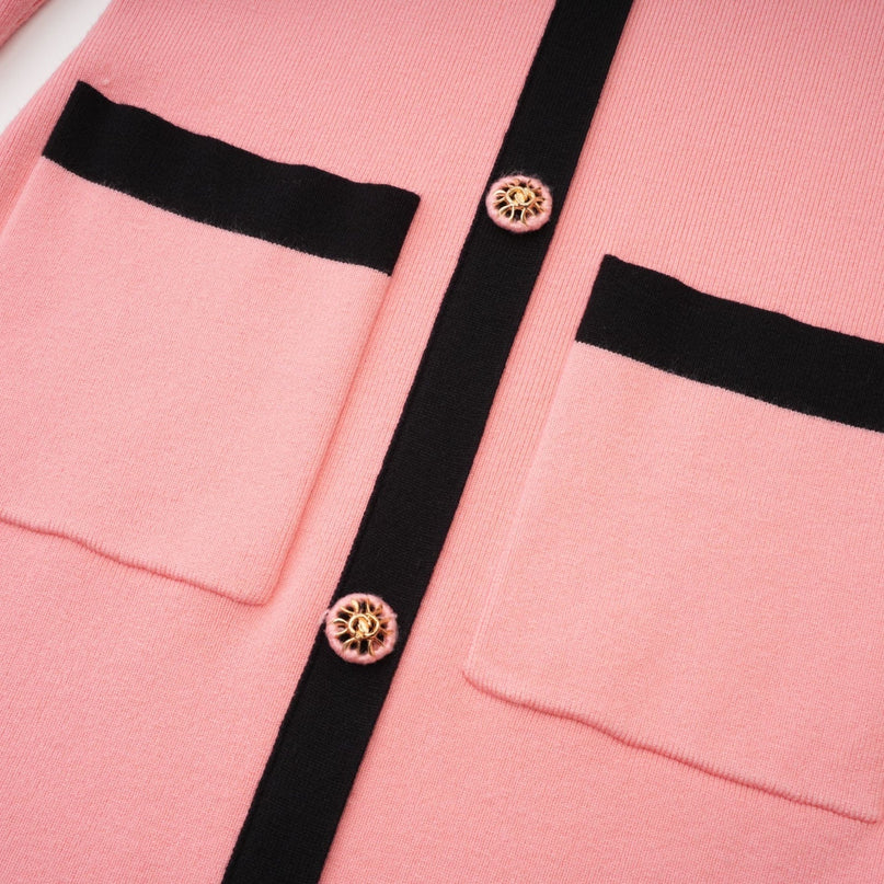 Mirella Pink and Black Long Sleeved Dress with Lapel V-neck and Button Fastening