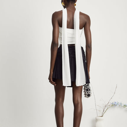 Mirella White Corset Top with Pleat Design and Attached Scarf in Polyester Cotton Blend