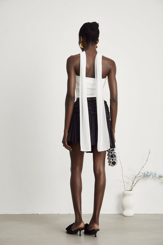 Mirella White Corset Top with Pleat Design and Attached Scarf in Polyester Cotton Blend