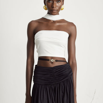 Mirella White Corset Top with Pleat Design and Attached Scarf in Polyester Cotton Blend
