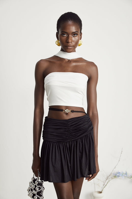 Mirella White Corset Top with Pleat Design and Attached Scarf in Polyester Cotton Blend