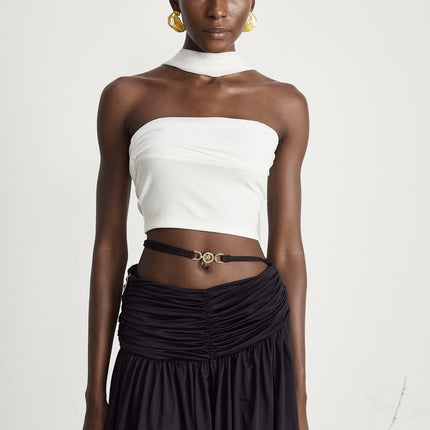 Mirella White Corset Top with Pleat Design and Attached Scarf in Polyester Cotton Blend