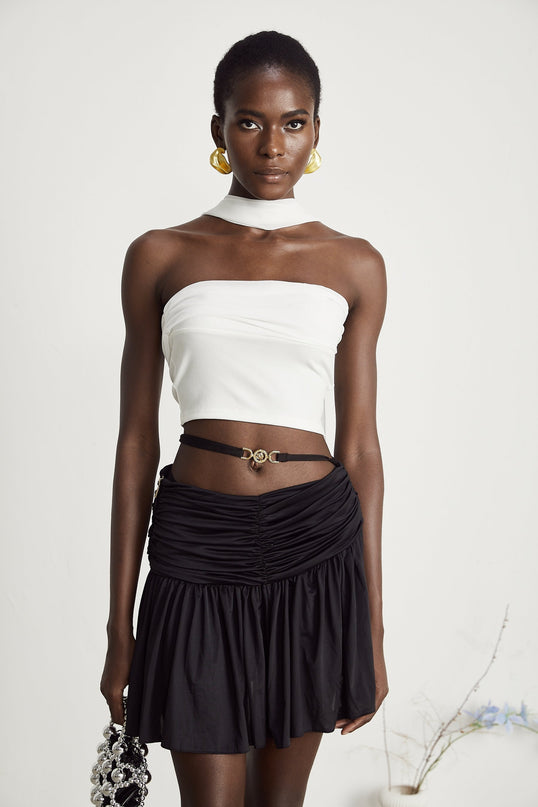 Mirella White Corset Top with Pleat Design and Attached Scarf in Polyester Cotton Blend