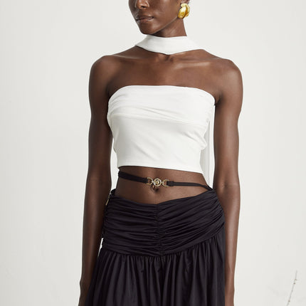 Mirella White Corset Top with Pleat Design and Attached Scarf