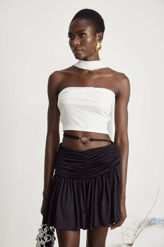 Mirella White Corset Top with Pleat Design and Attached Scarf