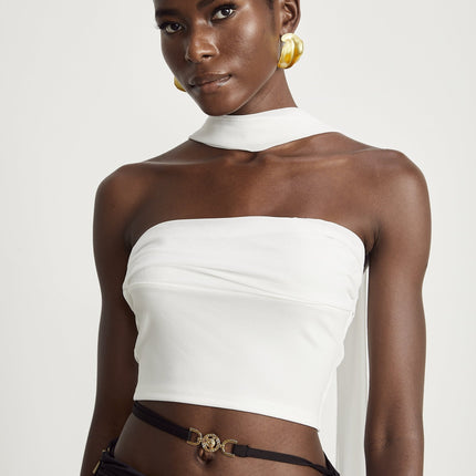 Mirella White Corset Top with Pleat Design and Attached Scarf