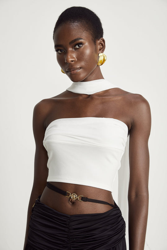 Mirella White Corset Top with Pleat Design and Attached Scarf