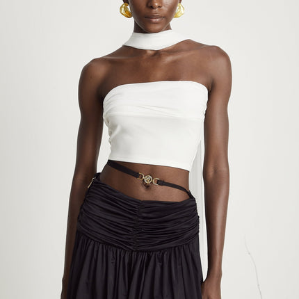 Mirella White Corset Top with Pleat Design and Attached Scarf