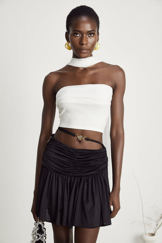 Mirella White Corset Top with Pleat Design and Attached Scarf