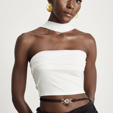 Mirella White Corset Top with Pleat Design and Attached Scarf in Polyester Cotton Blend