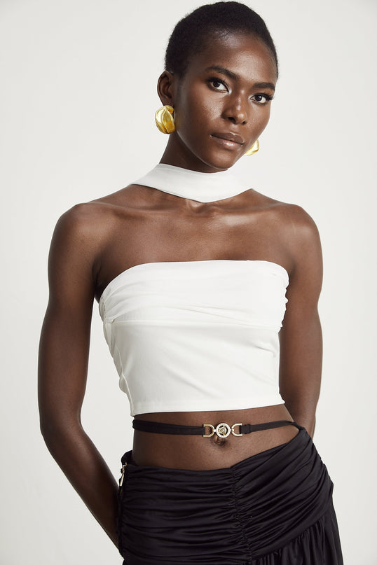 Mirella White Corset Top with Pleat Design and Attached Scarf in Polyester Cotton Blend