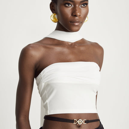 Mirella White Corset Top with Pleat Design and Attached Scarf