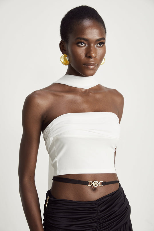 Mirella White Corset Top with Pleat Design and Attached Scarf