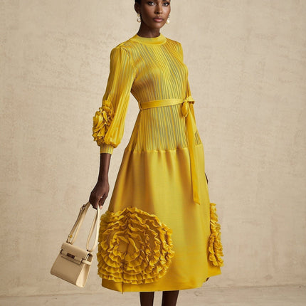 Mirella Yellow 3D Petal Ruffled Midi Dress A-line Silhouette Long Puff Sleeves Tied Waist 100% Terylene Composition
