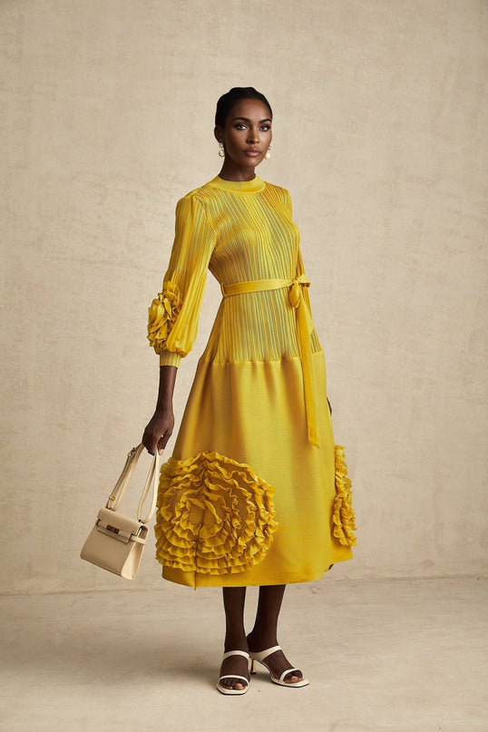 Mirella Yellow 3D Petal Ruffled Midi Dress A-line Silhouette Long Puff Sleeves Tied Waist 100% Terylene Composition