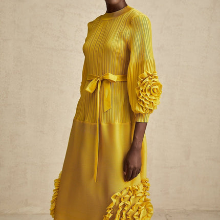 Mirella Yellow 3D Petal Ruffled Midi Dress A-line Silhouette Long Puff Sleeves Tied Waist