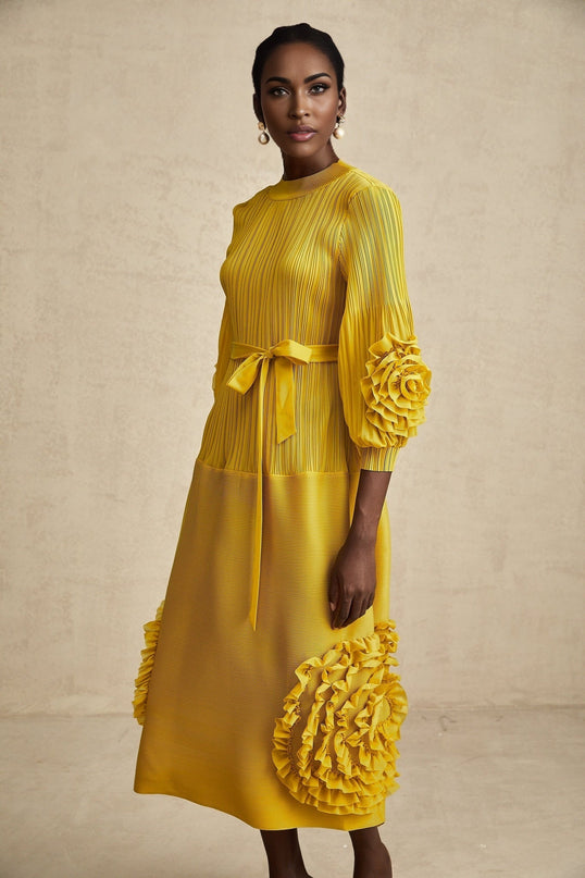 Mirella Yellow 3D Petal Ruffled Midi Dress A-line Silhouette Long Puff Sleeves Tied Waist