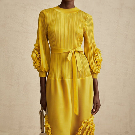 Mirella Yellow 3D Petal Ruffled Midi Dress A-line Silhouette Long Puff Sleeves