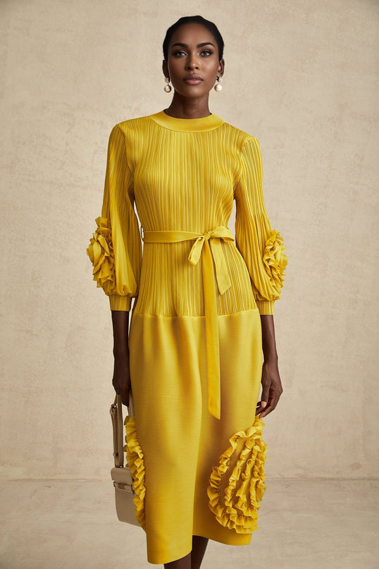 Mirella Yellow 3D Petal Ruffled Midi Dress A-line Silhouette Long Puff Sleeves