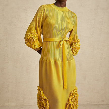 Mirella Yellow 3D Petal Ruffled Midi Dress A-line silhouette long puff sleeves tied waist calf-length