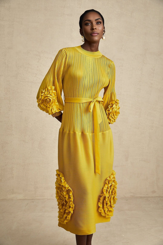 Mirella Yellow 3D Petal Ruffled Midi Dress A-line silhouette long puff sleeves tied waist calf-length