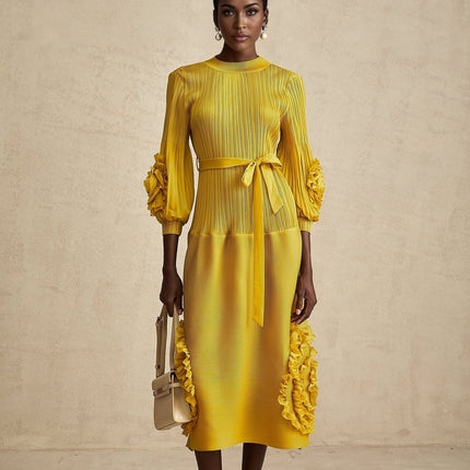 Mirella Yellow 3D Petal Ruffled Midi Dress A-line Silhouette Ribbed Bodice Puff Sleeves Tied Waist
