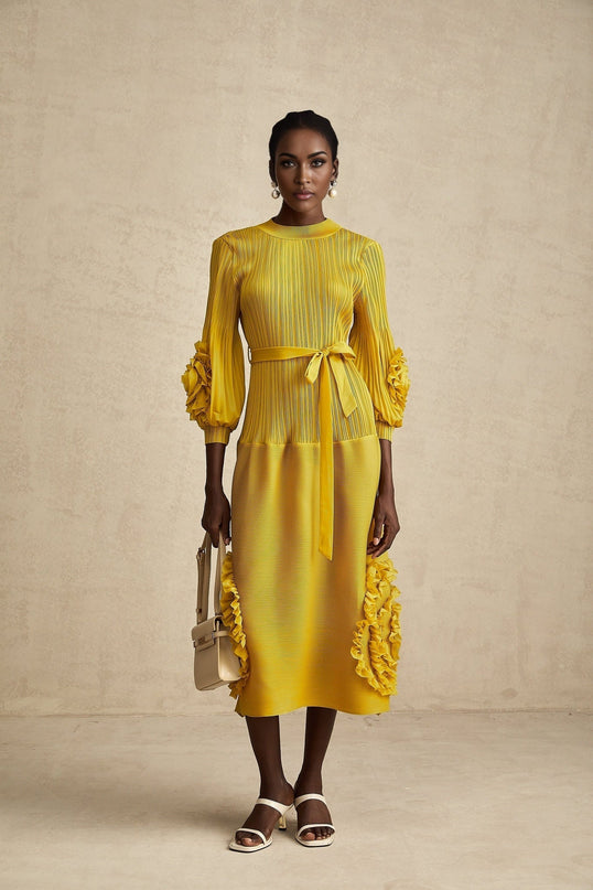 Mirella Yellow 3D Petal Ruffled Midi Dress A-line Silhouette Ribbed Bodice Puff Sleeves Tied Waist