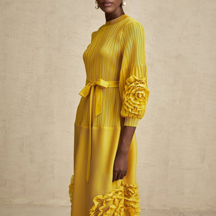 Mirella Yellow 3D Petal Ruffled Midi Dress A-Line Silhouette Long Puff Sleeves Tied Waist 100% Terylene Composition