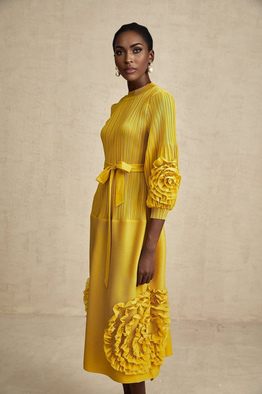 Mirella Yellow 3D Petal Ruffled Midi Dress A-Line Silhouette Long Puff Sleeves Tied Waist 100% Terylene Composition