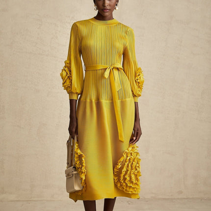Mirella Yellow 3D Petal Ruffled Midi Dress A-line Silhouette Long Puff Sleeves Tied Waist 100% Terylene Composition
