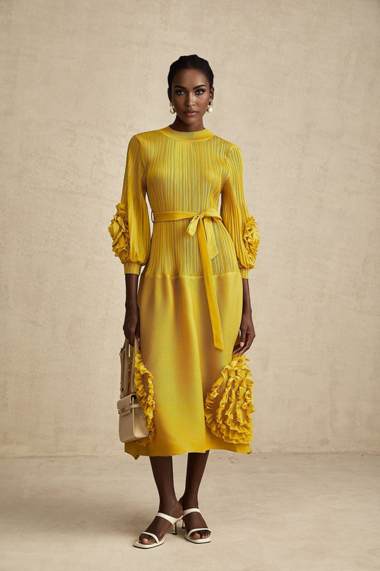 Mirella Yellow 3D Petal Ruffled Midi Dress A-line Silhouette Long Puff Sleeves Tied Waist 100% Terylene Composition