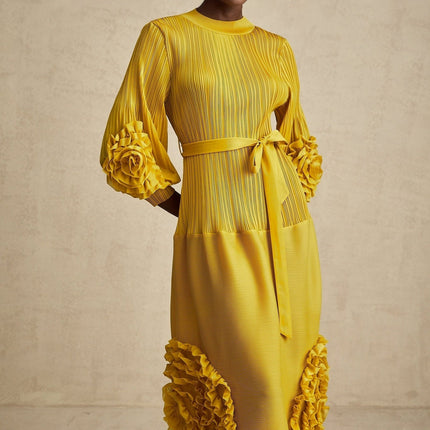 Mirella Yellow 3D Petal Ruffled Midi Dress A-line Silhouette Long Puff Sleeves Tied Waist 100% Terylene Composition