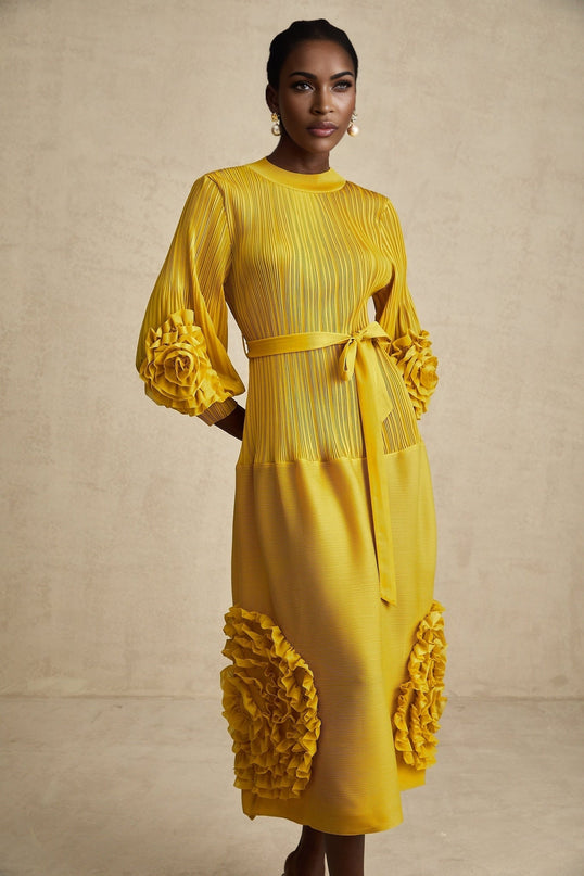 Mirella Yellow 3D Petal Ruffled Midi Dress A-line Silhouette Long Puff Sleeves Tied Waist 100% Terylene Composition
